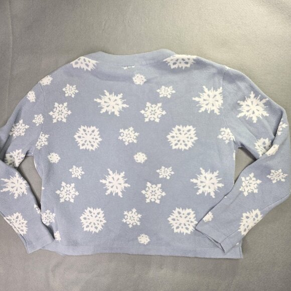 Disney Cardigan Sweater Womens Medium Blue White Snowflake Frozen Winter Holiday - Picture 6 of 13